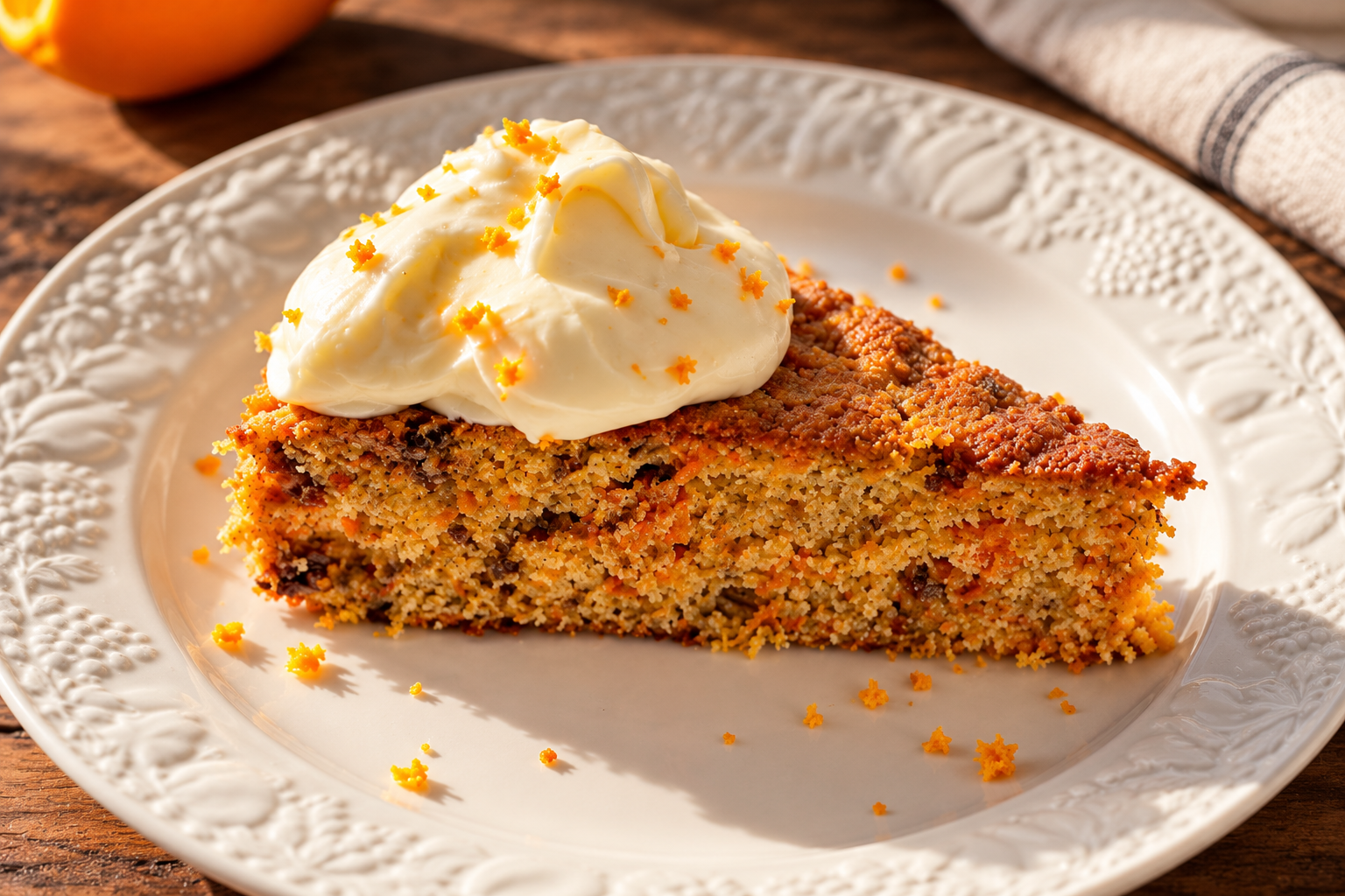 Golden slice of carrot, orange and cardamom cake topped with cream cheese frosting and fresh orange zest on a white plate