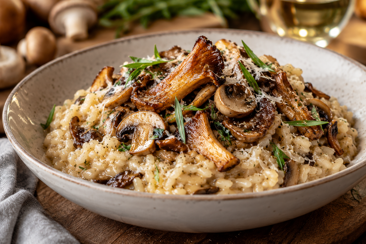 Creamy mushroom risotto topped with golden sautéed wild mushrooms and fresh tarragon, an AI-generated illustration