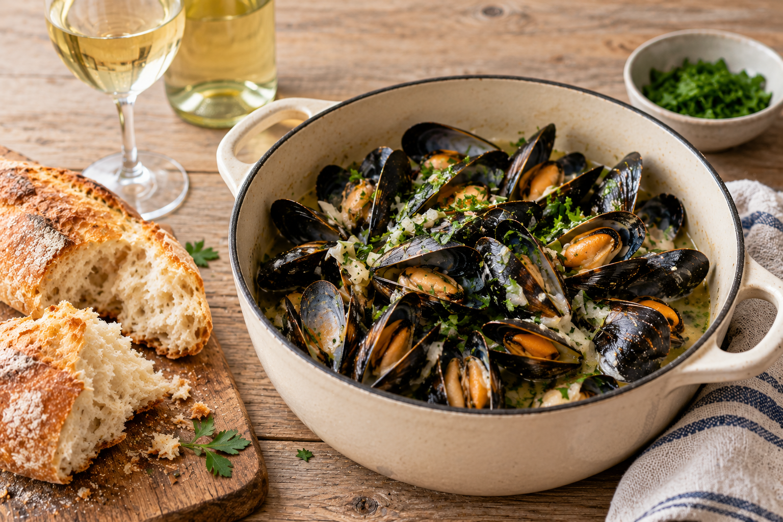 Pot of mussels in white wine and garlic sauce with crusty bread