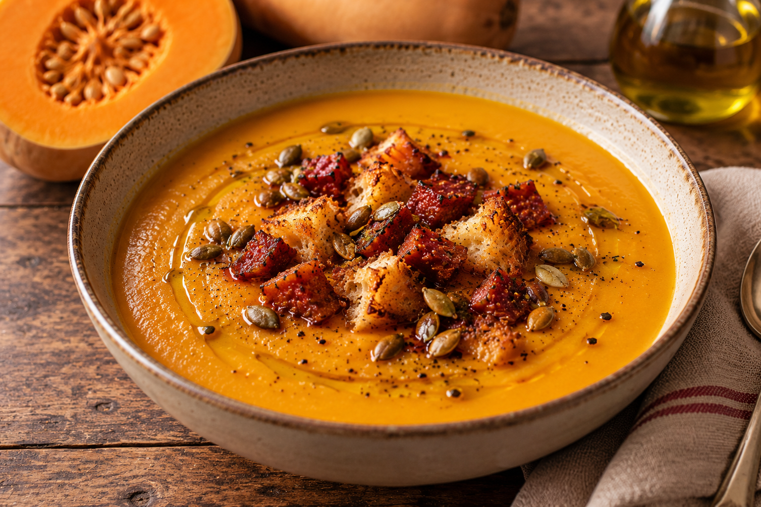 Golden roasted squash soup topped with crispy chorizo, torn bread croutons, toasted pumpkin seeds and extra virgin olive oil
