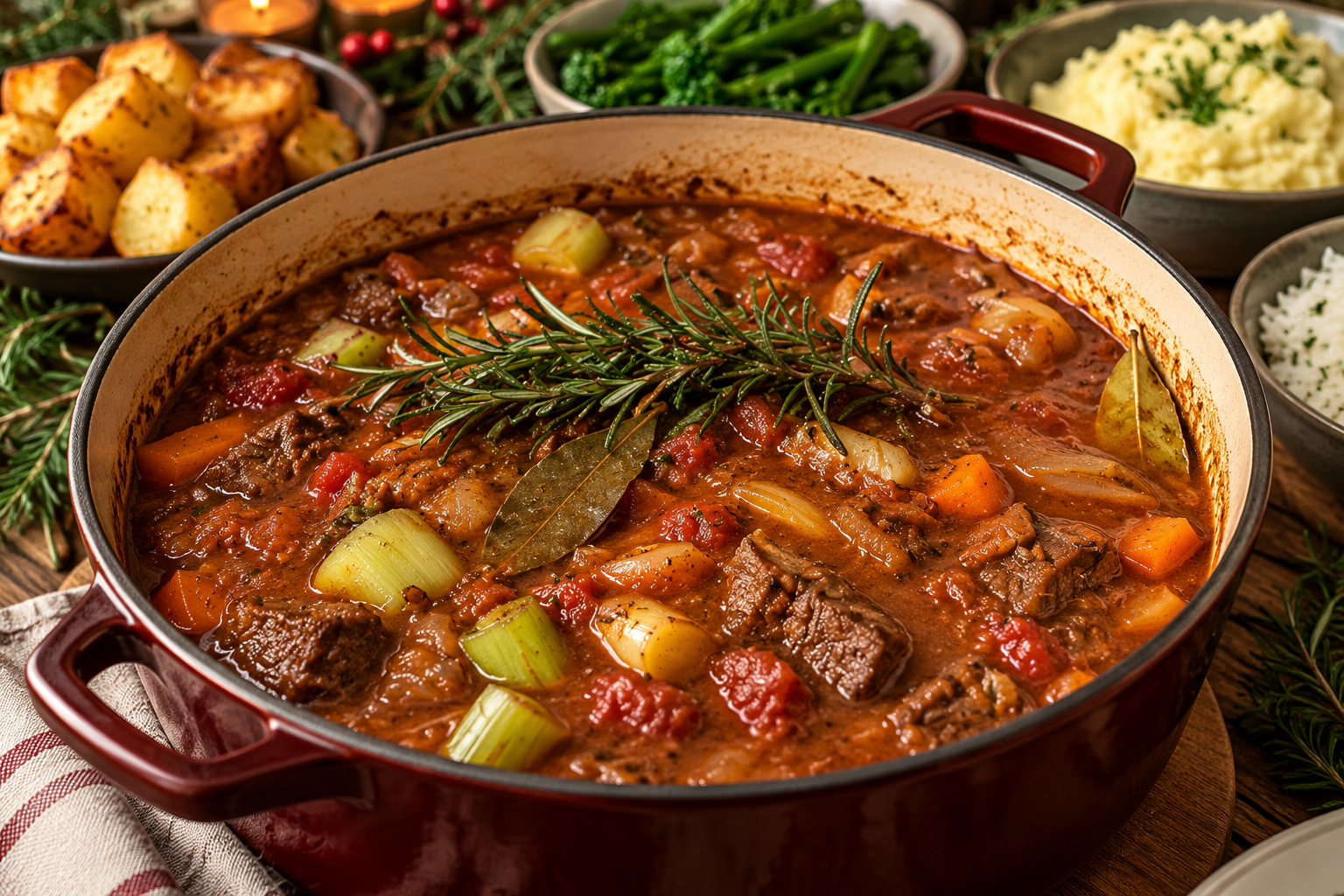 Rich slow-cooked venison stew with carrots, leeks, rosemary and red wine tomato gravy