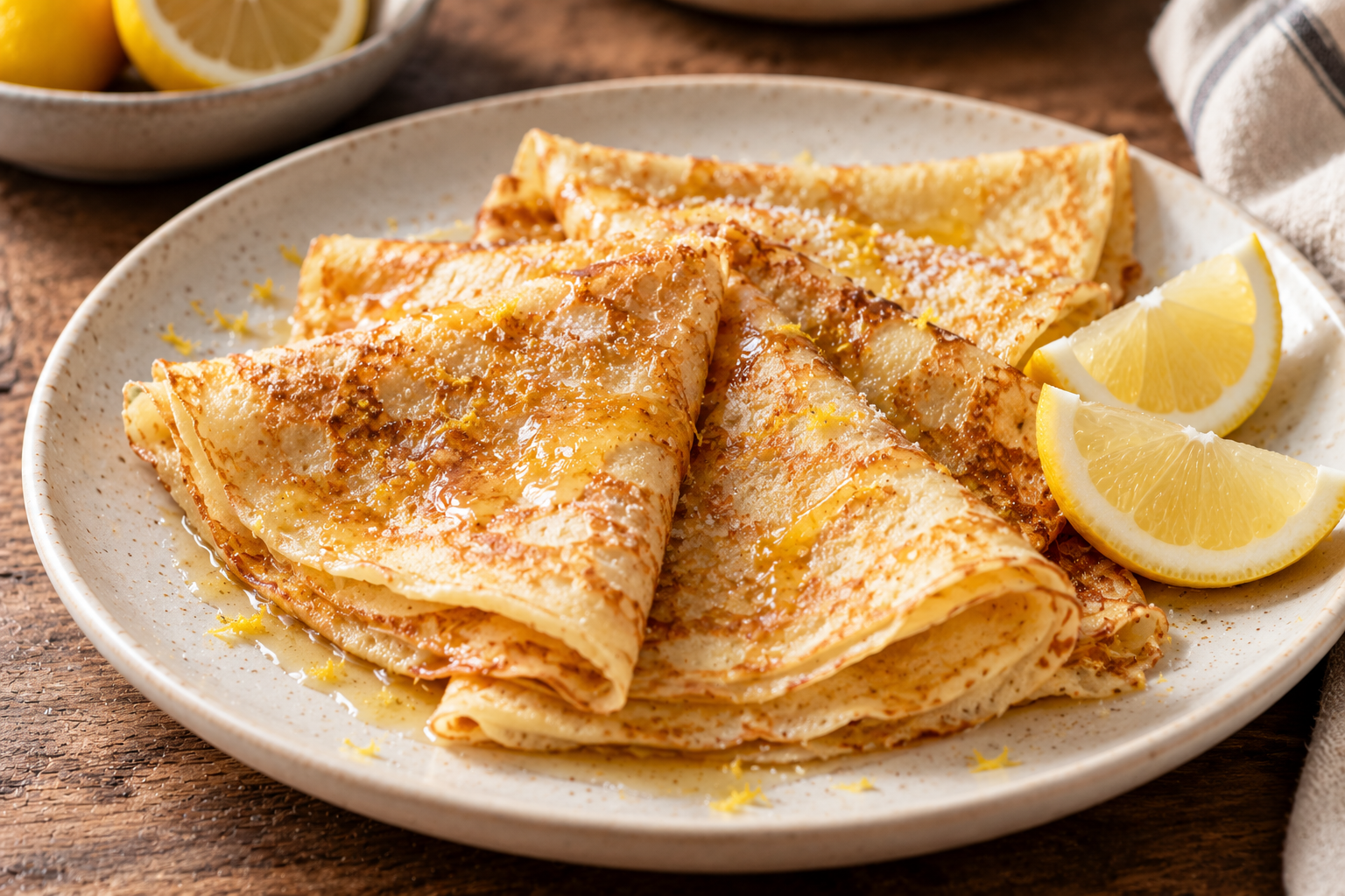Thin golden crêpes folded into triangles and layered on a plate with lemon wedges