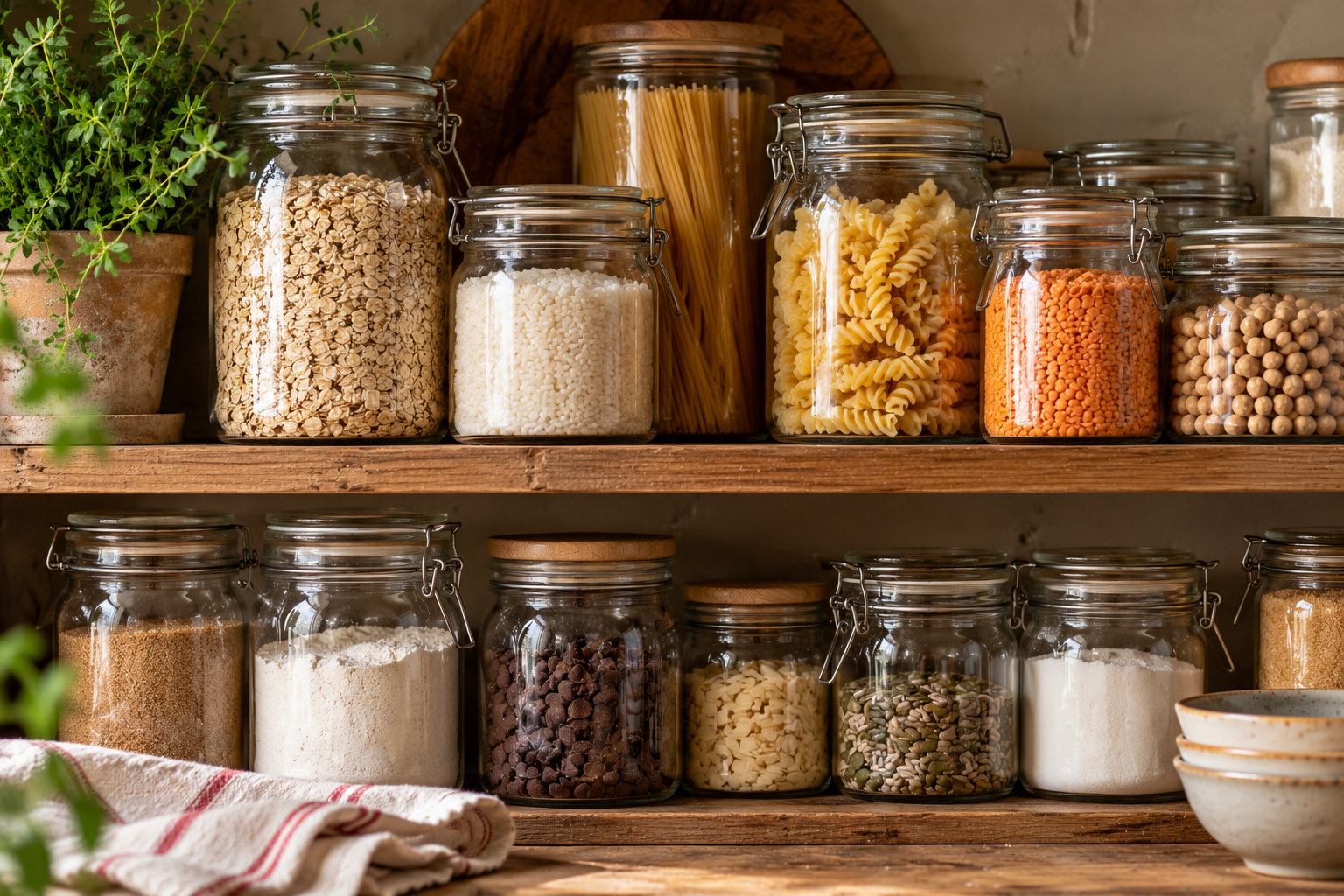 Glass storage jars filled with oats, rice, pasta, lentils, chickpeas, flour and baking ingredients on rustic wooden shelves