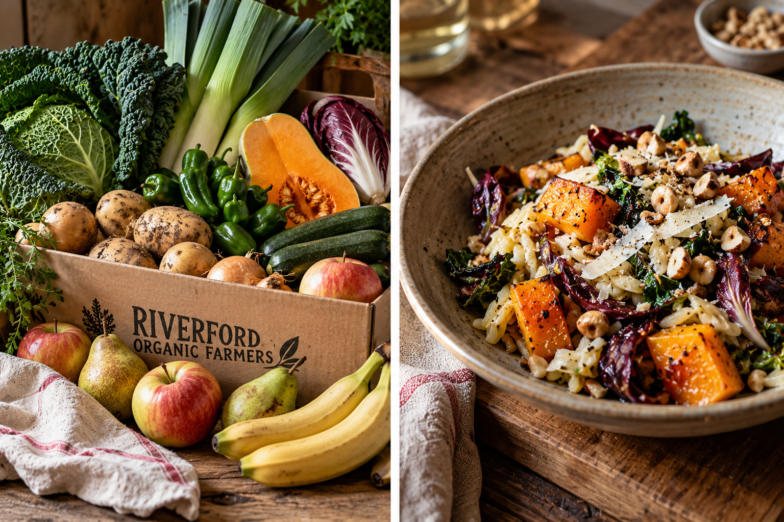Seasonal vegetable box and a freshly cooked autumn vegetable dish